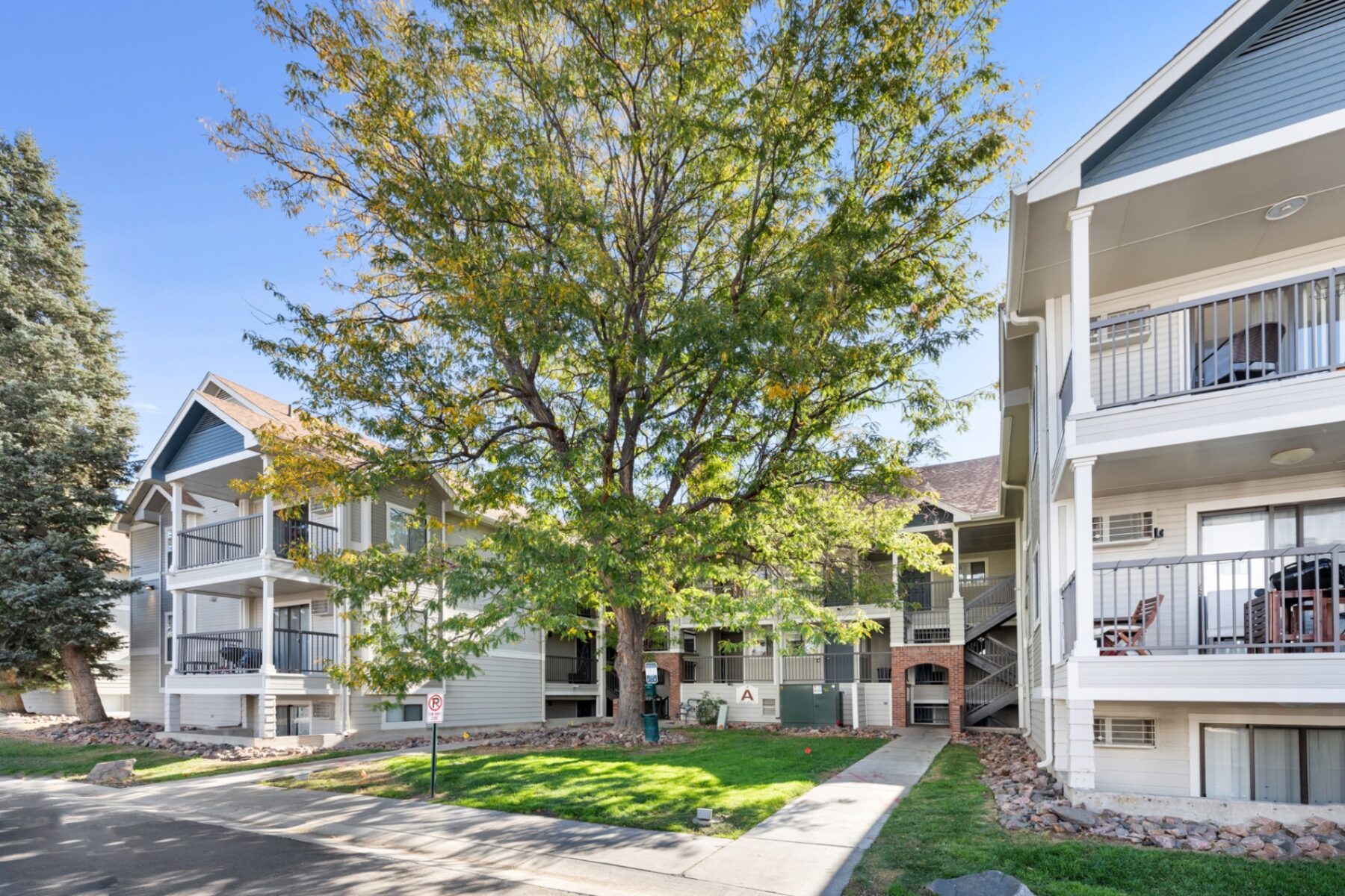 Building exterior with balconies and large trees